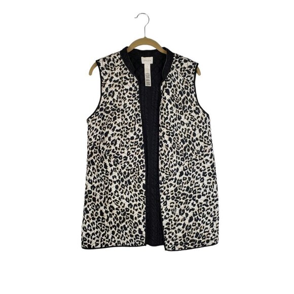 Chicos Reversible Vest Leopard Animal Print Black Quilted Longline Size 1 Medium - Picture 1 of 6